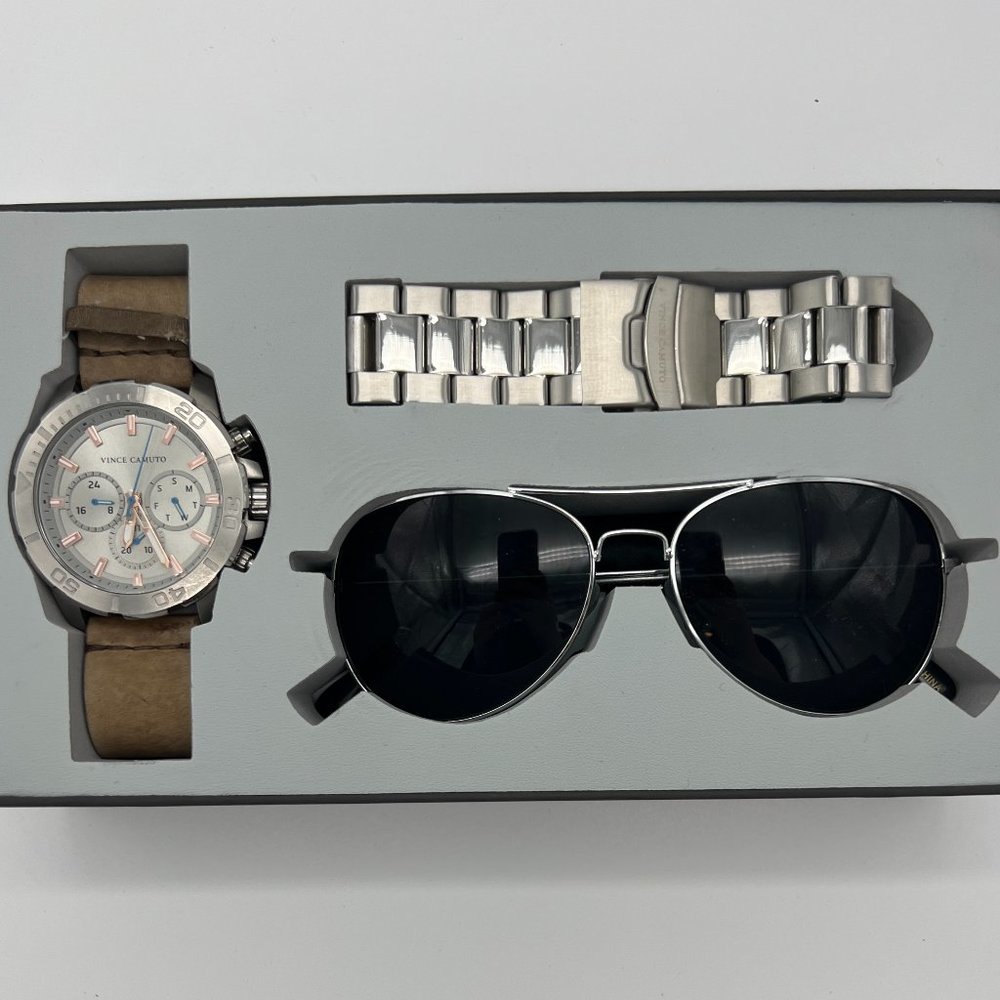 Vince Camuto Chronograph Stainless Steel Men's Watch Sunglass Set